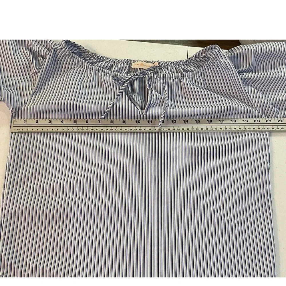 Tory Burch Striped Peasant Blouse XS Blue White Womens Puff Sleeve Tie Excellent